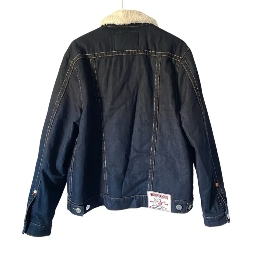 True Religion Dark Denim Blue Jean  Sherpa Trucker Jacket size large